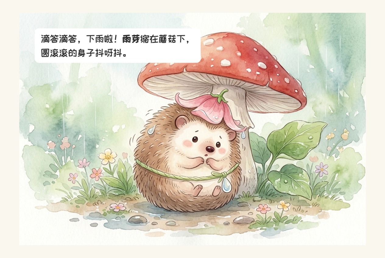 雨芽躲在红色蘑菇下避雨