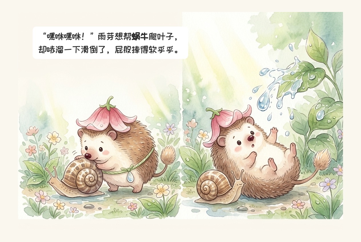 雨芽帮助蜗牛时滑倒的双格画面