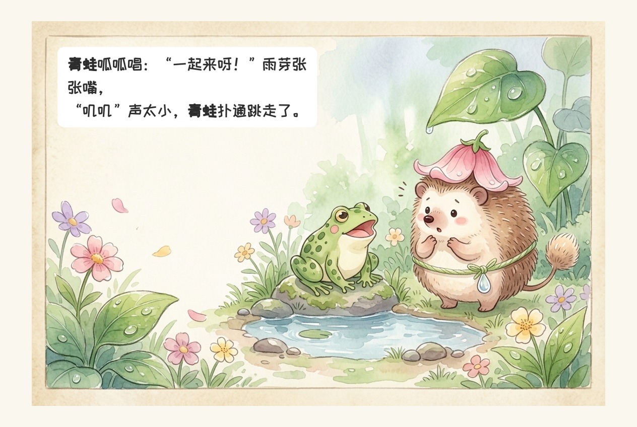 雨芽和池边的青蛙相遇