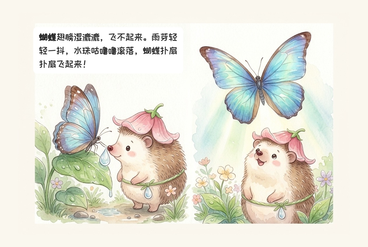 雨芽帮助蓝色蝴蝶抖落水珠