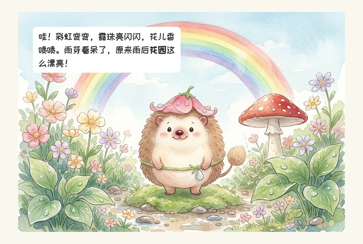 雨芽在彩虹下的花园里发现雨后美景