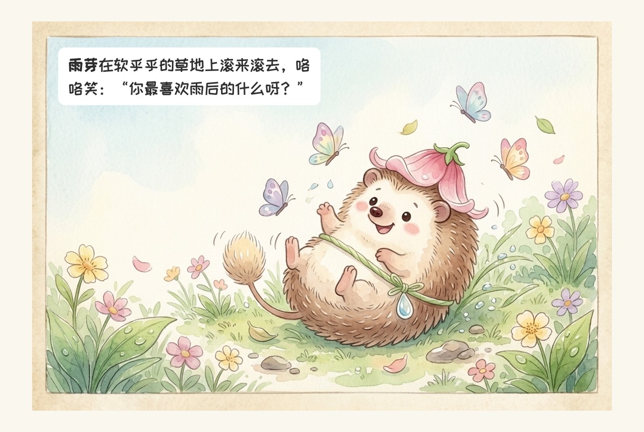 雨芽在草地上打滚，向读者发问