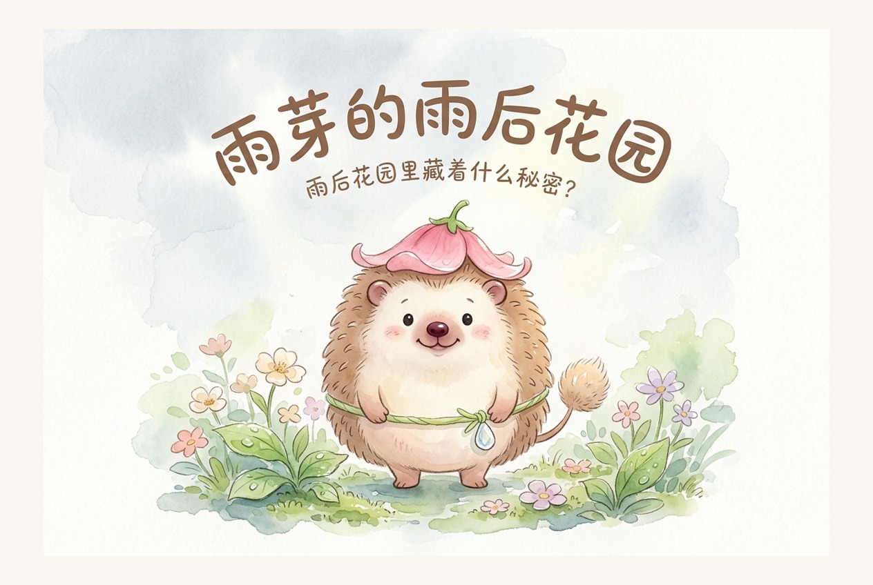 《雨芽的雨后花园》封面：戴粉色花帽的小刺猬雨芽站在雨后花园中